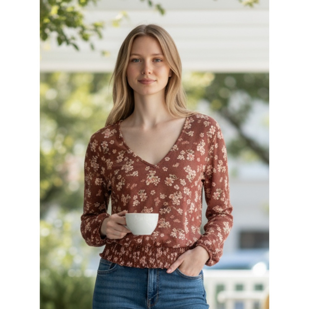 Nine Britton Floral Long Sleeve Top Blouse with Back Tie Small Petite